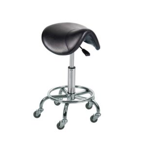Taburete tipo pony ergonómico, altura regulable y con ruedas color negro.
